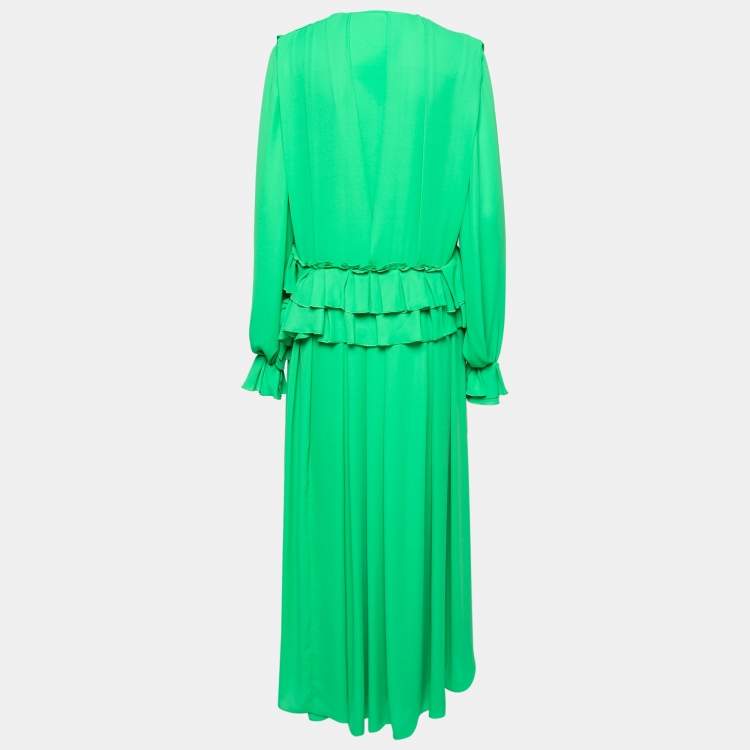 Pre Owned Victoria Beckham Green Floral-Applique Georgette Pleated Maxi Dress S
