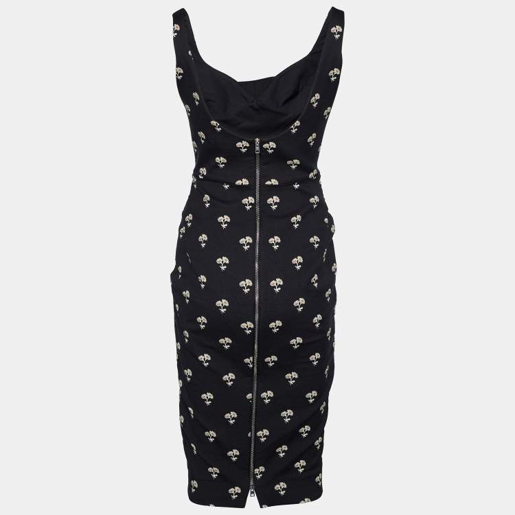 Pre Owned Victoria Beckham Black Daisy Jacquard Pattern Sleeveless Sheath Dress M
