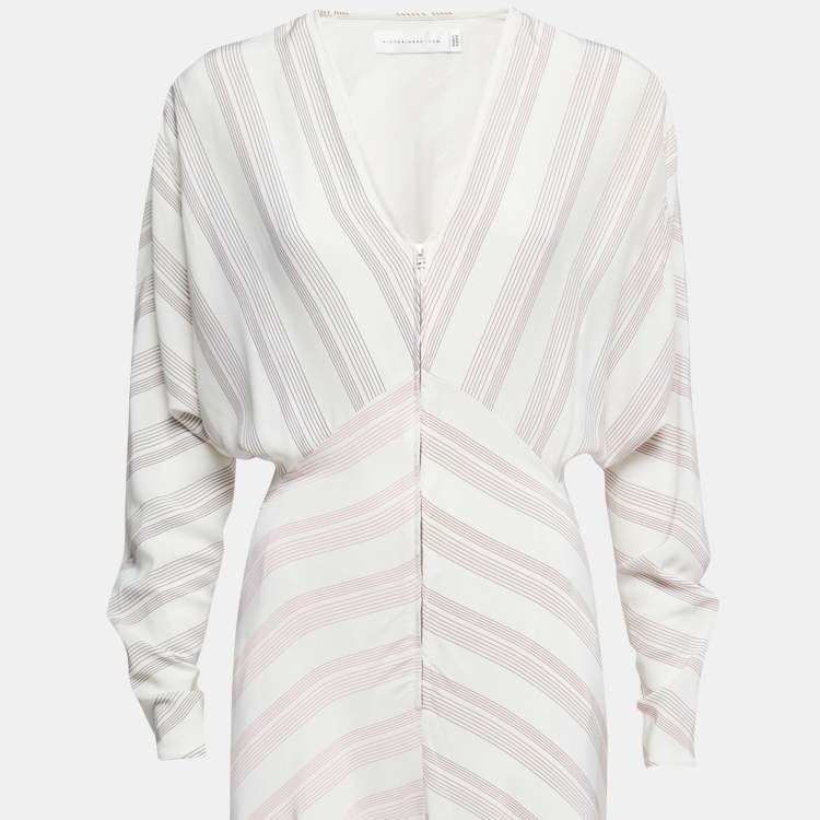 Pre Owned Victoria Beckham White Striped Silk & Chiffon Paneled Maxi Dress M