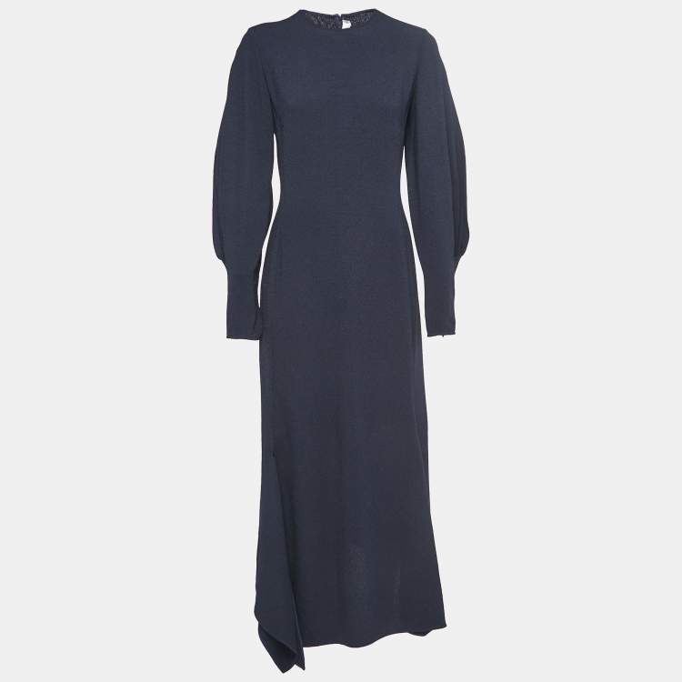 Pre Owned Victoria Beckham Navy Blue Crepe Full Sleeve Slit Detail Maxi Dress M