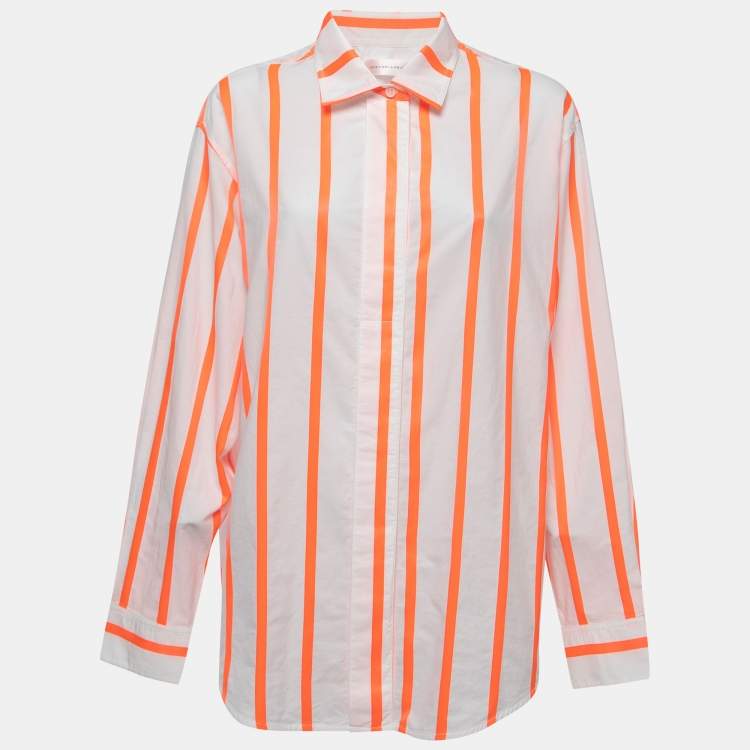 Pre Owned Victoria Beckham White/Orange Striped Cotton Oversized Shirt L