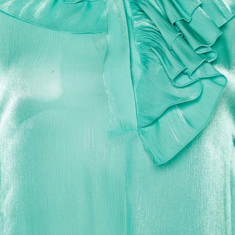 Pre Owned Victoria Beckham Green Silk Lame Ruffled Top S