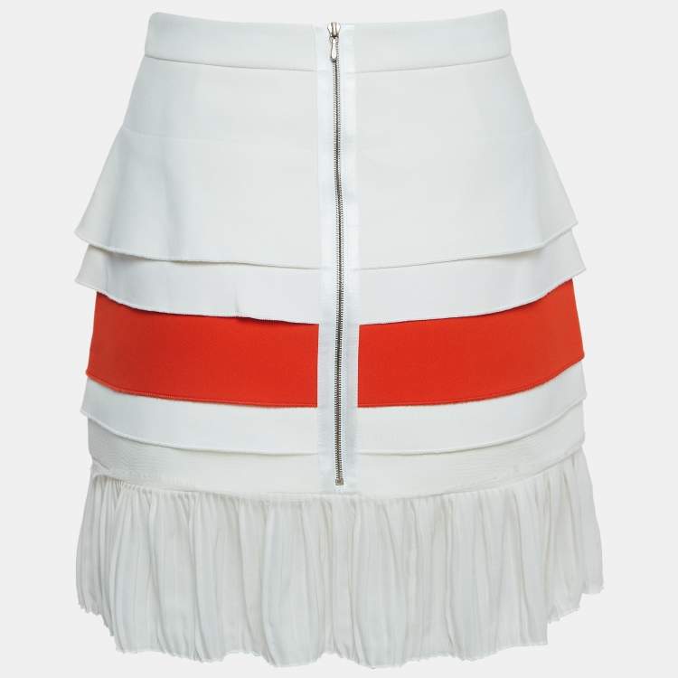 Pre Owned Victoria Beckham Off-White/Orange Cotton Tiered Mini Skirt S