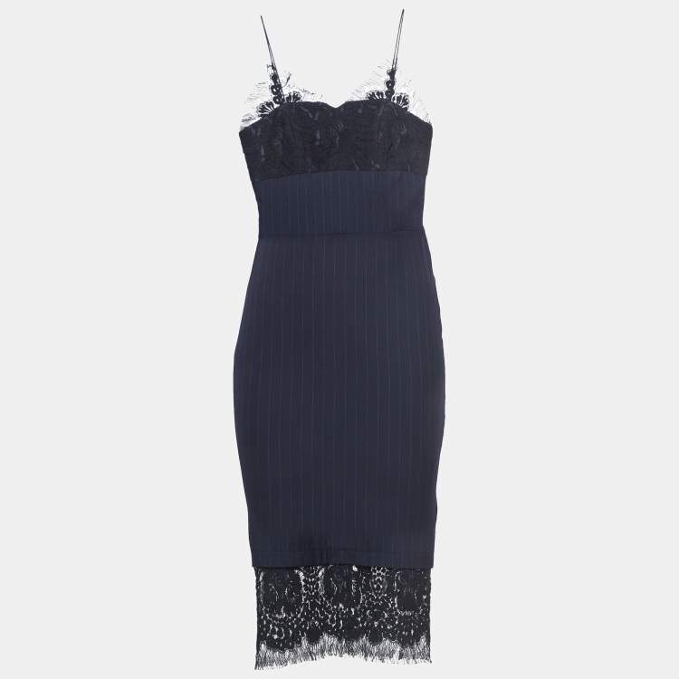 Victoria Beckham Navy Blue Pinstriped Wool Lace-Trimmed Midi
