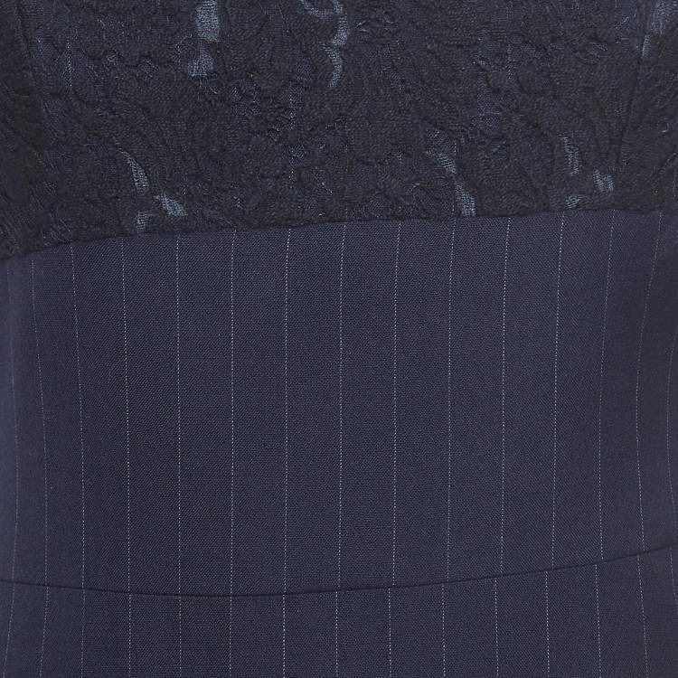 Pre Owned Victoria Beckham Navy Blue Pinstriped Wool Lace-Trimmed Midi Dress S