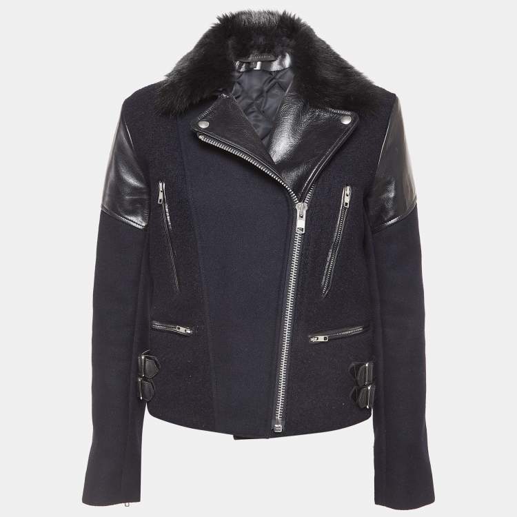 Pre Owned Victoria Beckham Navy Blue Fur and Leather Trim Wool Biker Jacket S