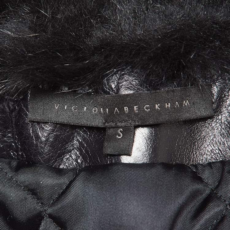 Pre Owned Victoria Beckham Navy Blue Fur and Leather Trim Wool Biker Jacket S