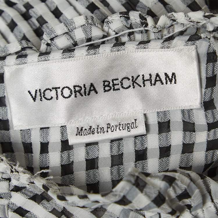 Pre Owned Victoria Beckham Black/White Gingham Crepe Shirred Seersucker Midi Dress s