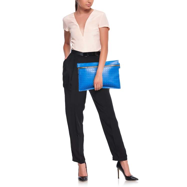 Pre Owned Victoria Beckham Blue Laser Cut Leather Large Zip Pouch