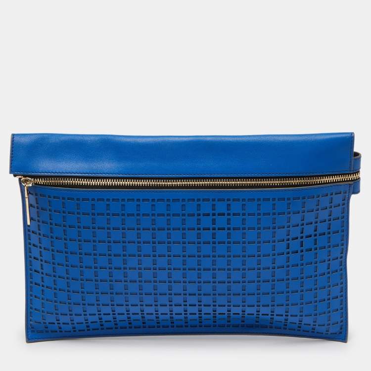 Pre Owned Victoria Beckham Blue Laser Cut Leather Large Zip Pouch