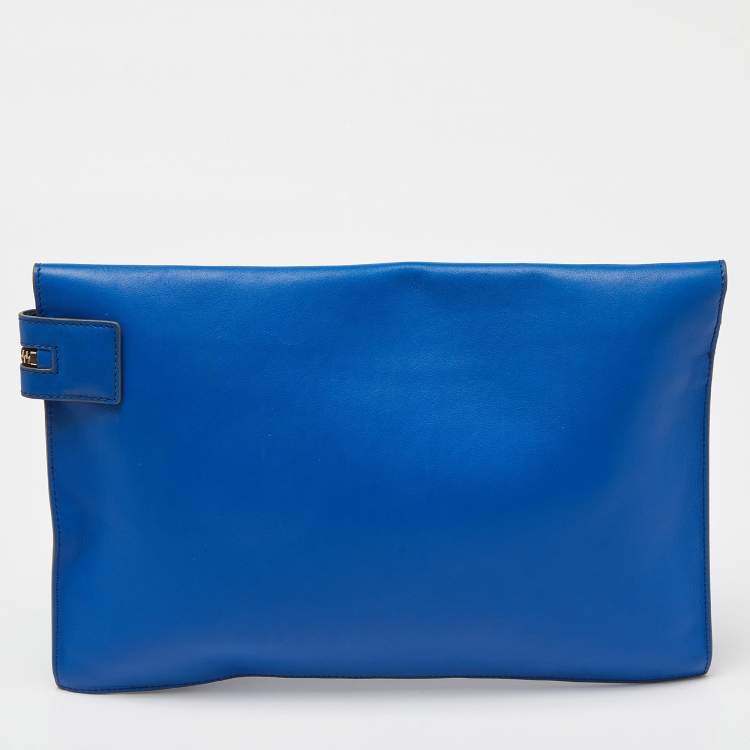 Pre Owned Victoria Beckham Blue Laser Cut Leather Large Zip Pouch