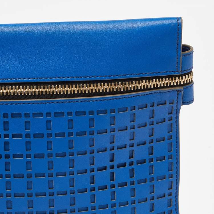 Pre Owned Victoria Beckham Blue Laser Cut Leather Large Zip Pouch