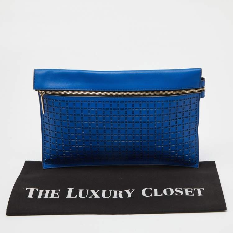 Pre Owned Victoria Beckham Blue Laser Cut Leather Large Zip Pouch