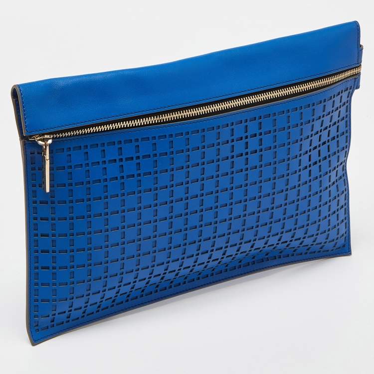 Pre Owned Victoria Beckham Blue Laser Cut Leather Large Zip Pouch