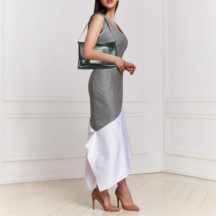 Pre Owned Victoria Beckham Dark Green Croc Embossed Leather Puffy Chain Flap Bag