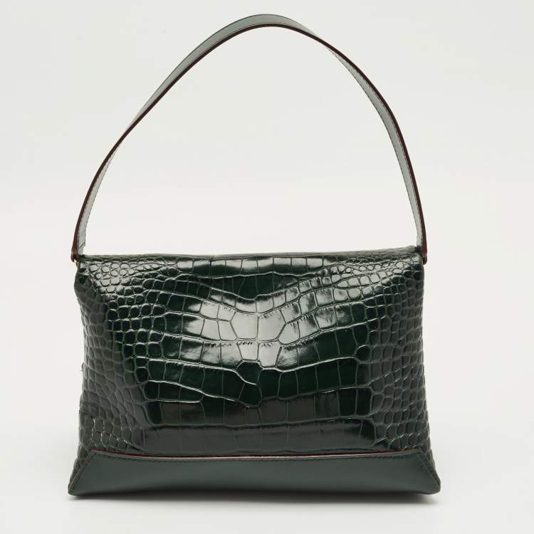 Pre Owned Victoria Beckham Dark Green Croc Embossed Leather Puffy Chain Flap Bag