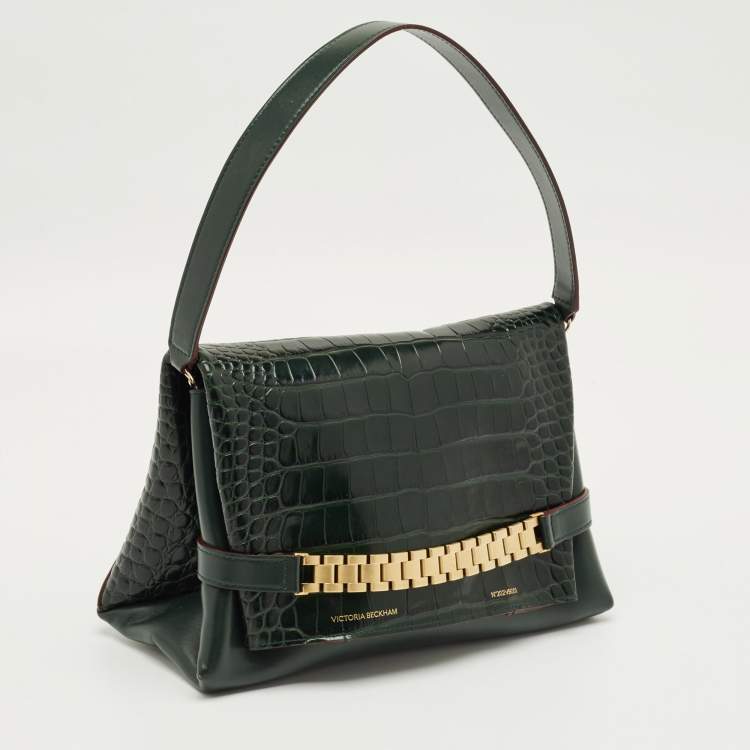 Pre Owned Victoria Beckham Dark Green Croc Embossed Leather Puffy Chain Flap Bag