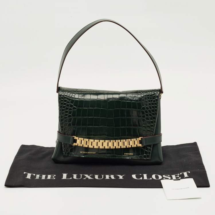 Pre Owned Victoria Beckham Dark Green Croc Embossed Leather Puffy Chain Flap Bag