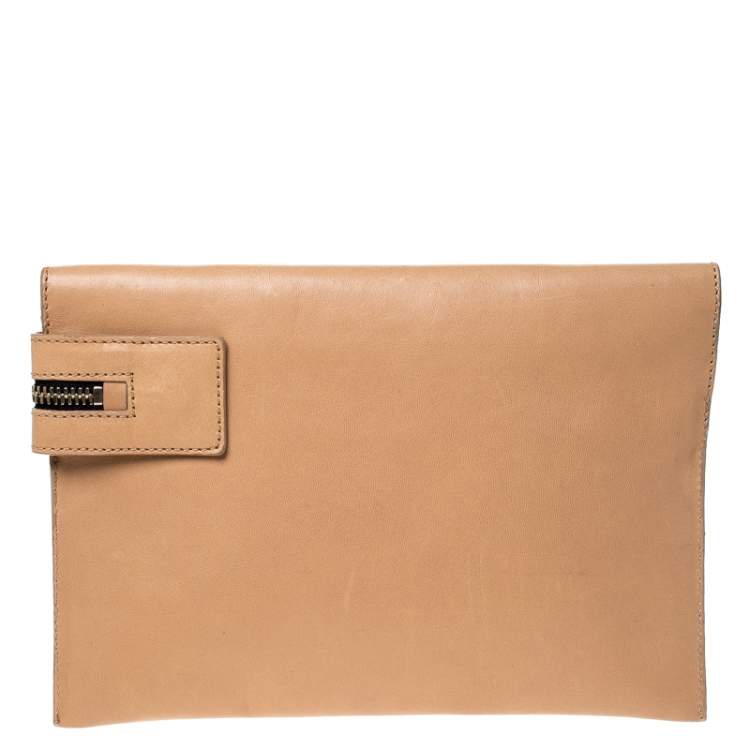 Pre Owned Victoria Beckham Peach Orange Leather Zip Clutch