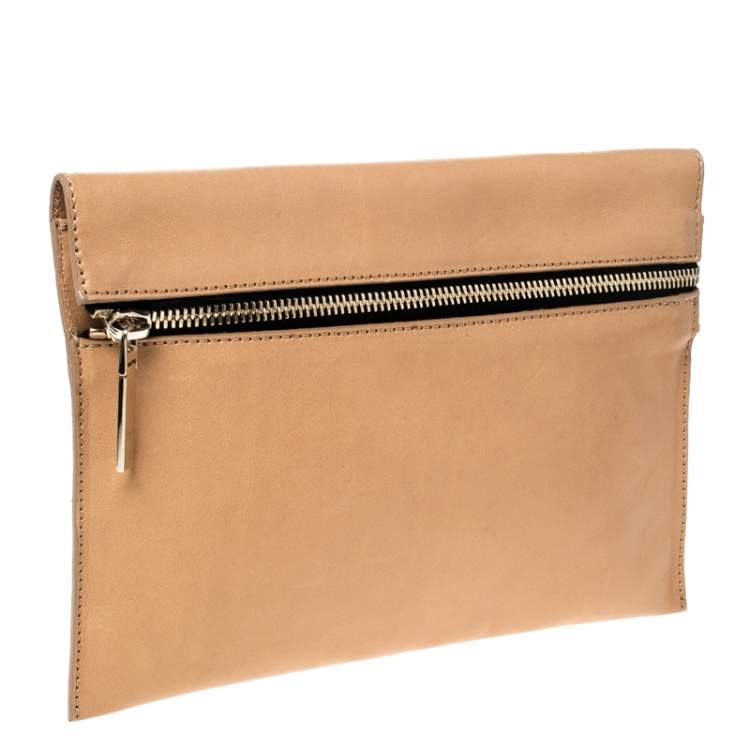 Pre Owned Victoria Beckham Peach Orange Leather Zip Clutch