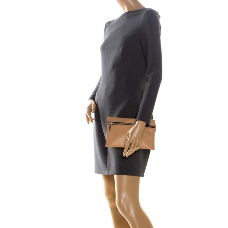 Pre Owned Victoria Beckham Peach Orange Leather Zip Clutch