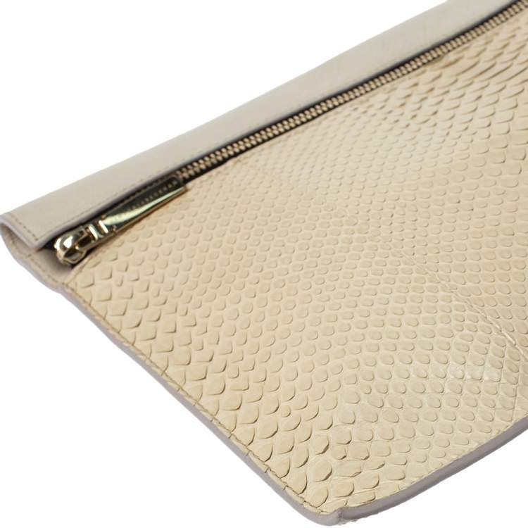 مملوكة مسبقًا Victoria Beckham Ivory Leather and Python Zipper Clutch