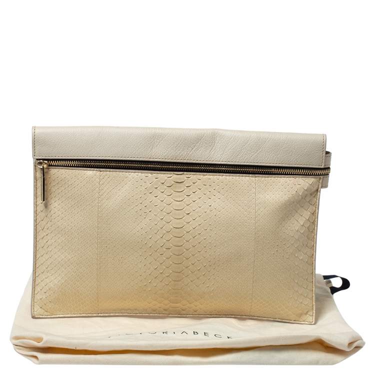 مملوكة مسبقًا Victoria Beckham Ivory Leather and Python Zipper Clutch