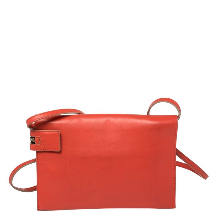 Pre Owned Victoria Beckham Coral Orange Leather Zipped Flap Shoulder Bag