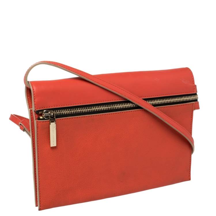 Pre Owned Victoria Beckham Coral Orange Leather Zipped Flap Shoulder Bag
