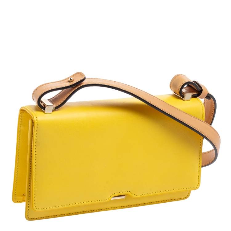 Pre Owned Victoria Beckham Yellow/Beige Leather Flap Shoulder Bag