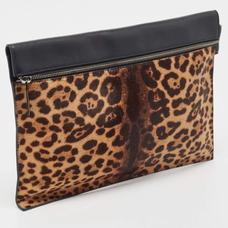 Pre Owned Victoria Beckham Brown/Black Leopard Print Calf Hair and Leather Zip Pouch