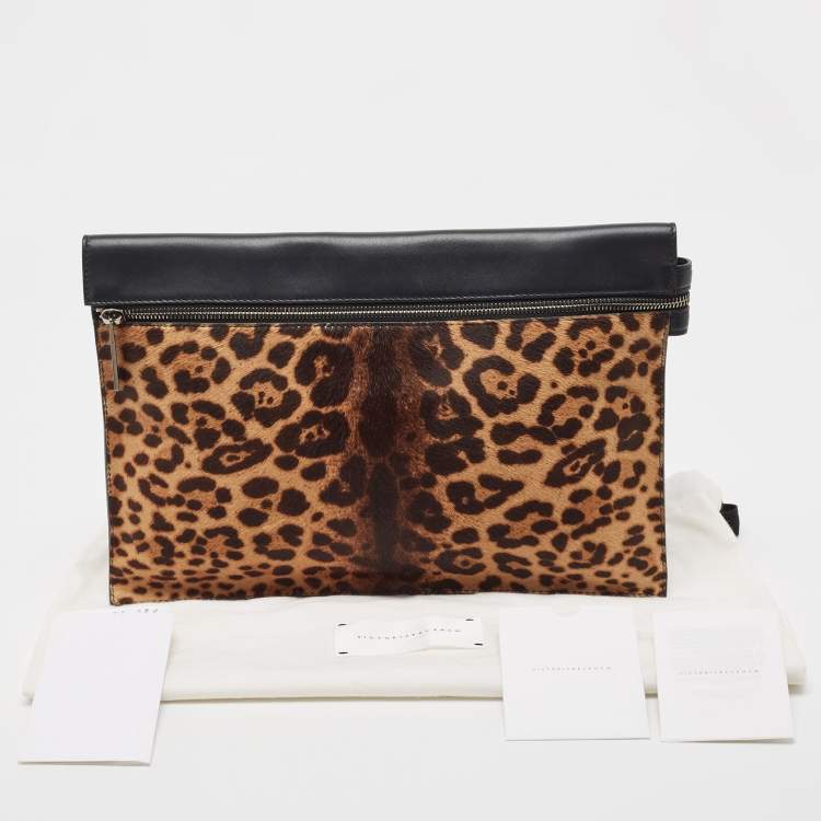Pre Owned Victoria Beckham Brown/Black Leopard Print Calf Hair and Leather Zip Pouch