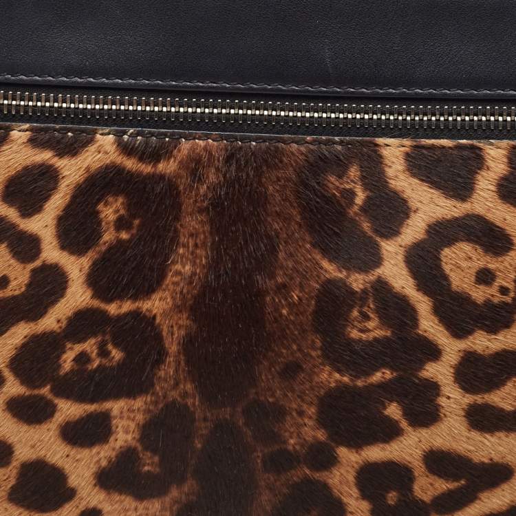 Pre Owned Victoria Beckham Brown/Black Leopard Print Calf Hair and Leather Zip Pouch