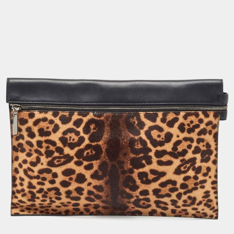 Pre Owned Victoria Beckham Brown/Black Leopard Print Calf Hair and Leather Zip Pouch