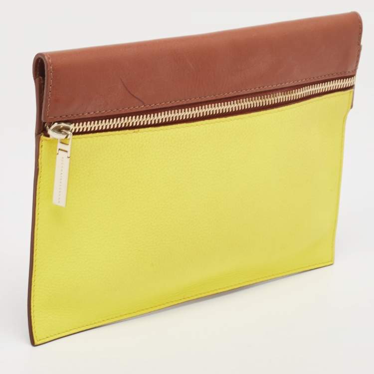 Pre Owned Victoria Beckham Tan/Acid Yellow Leather Small Zip Pouch