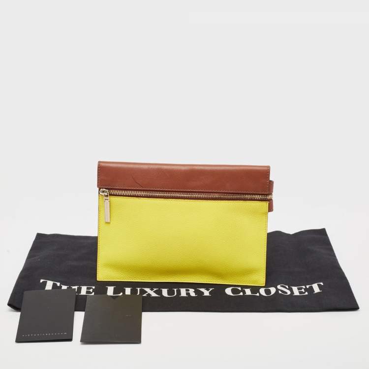 Pre Owned Victoria Beckham Tan/Acid Yellow Leather Small Zip Pouch