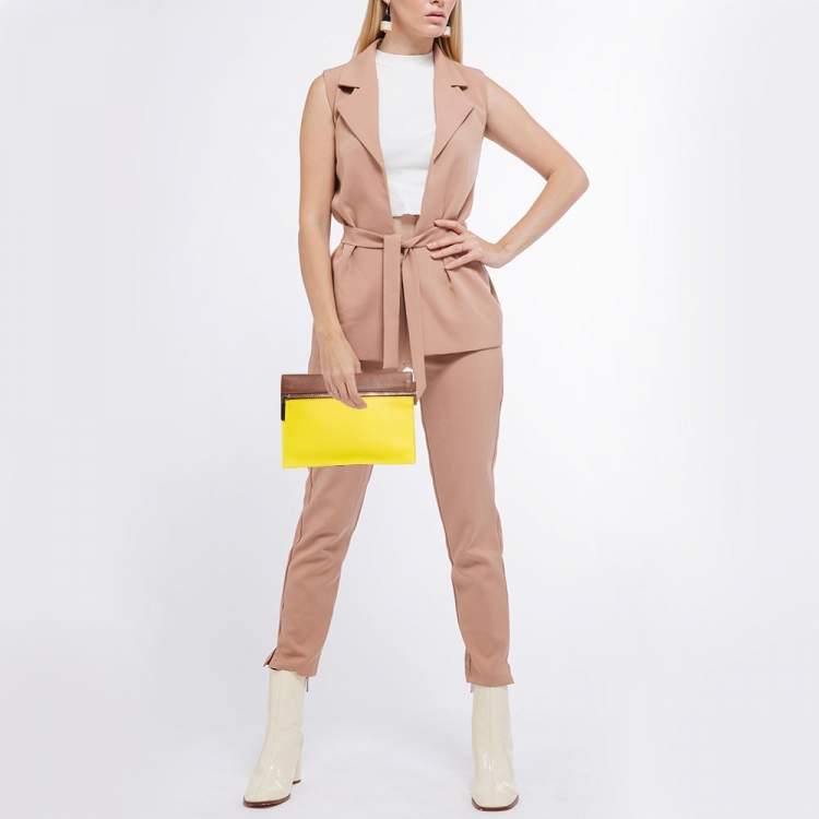 Pre Owned Victoria Beckham Tan/Acid Yellow Leather Small Zip Pouch