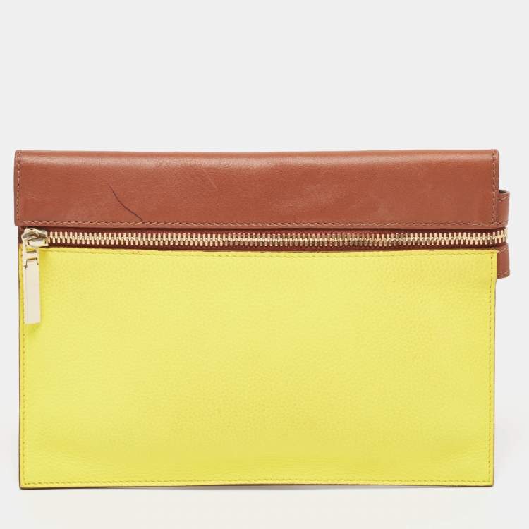 Pre Owned Victoria Beckham Tan/Acid Yellow Leather Small Zip Pouch