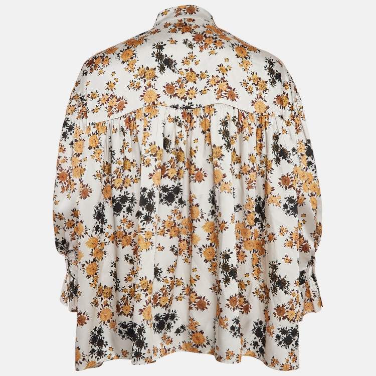 Pre Owned Victoria Victoria Beckham Off-White Floral Print Satin Ruffled Top S