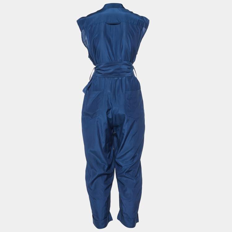 Pre Owned Victoria Victoria Beckham Blue Cotton-Silk Blend Belted Jumpsuit M