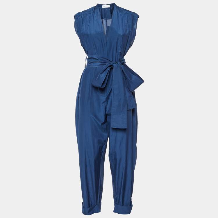 Pre Owned Victoria Victoria Beckham Blue Cotton-Silk Blend Belted Jumpsuit M