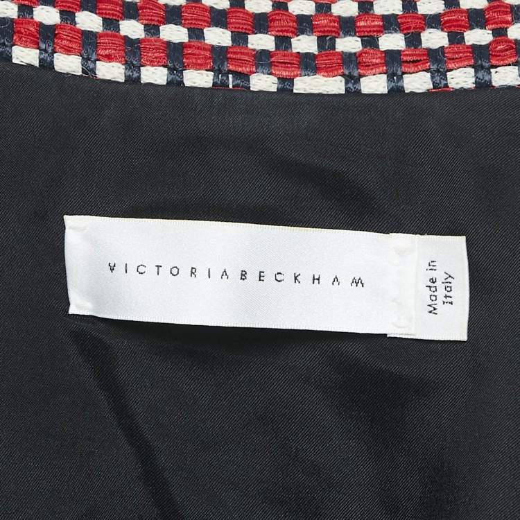 Pre Owned Victoria Beckham Red/Multicolor Basket Weave Linen Blend Coat M