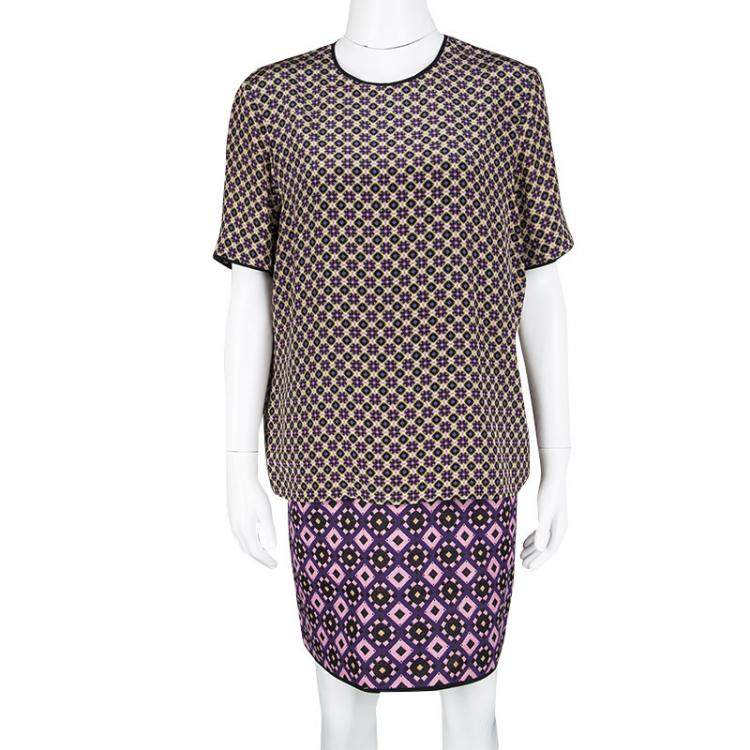 مملوكة مسبقًا Victoria Victoria Beckham Multicolor Printed Silk and Jacquard Short Sleeve Dress M