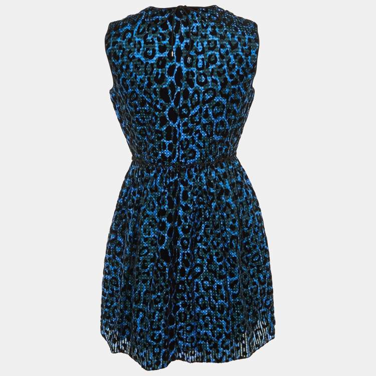 Pre Owned Victoria Victoria Beckham Blue/Black Leopard Pattern Devore Sleeveless Dress M