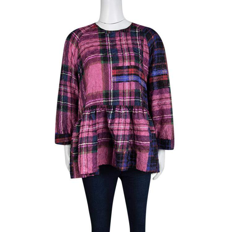 Pre Owned Victoria Victoria Beckham Multicolor Checked Crushed Silk Peplum Top L