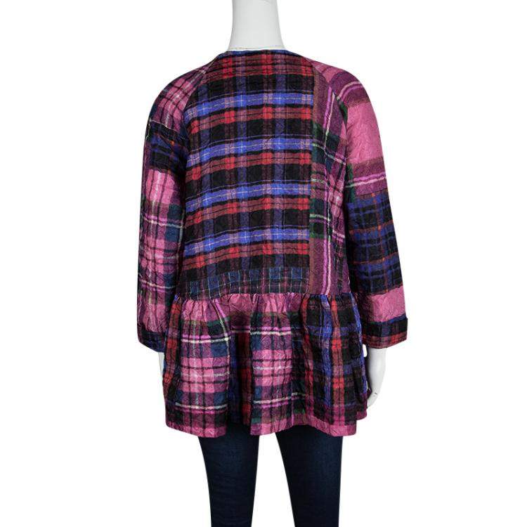 Pre Owned Victoria Victoria Beckham Multicolor Checked Crushed Silk Peplum Top L