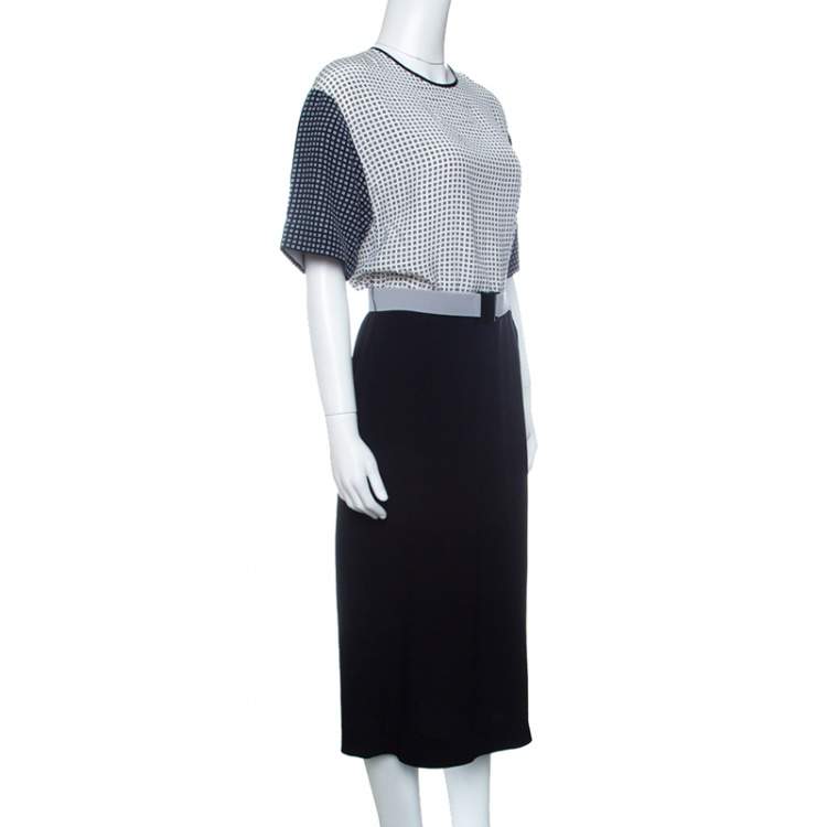 Pre Owned Victoria Victoria Beckham Navy Blue and White Printed Bodice Belted Dress M