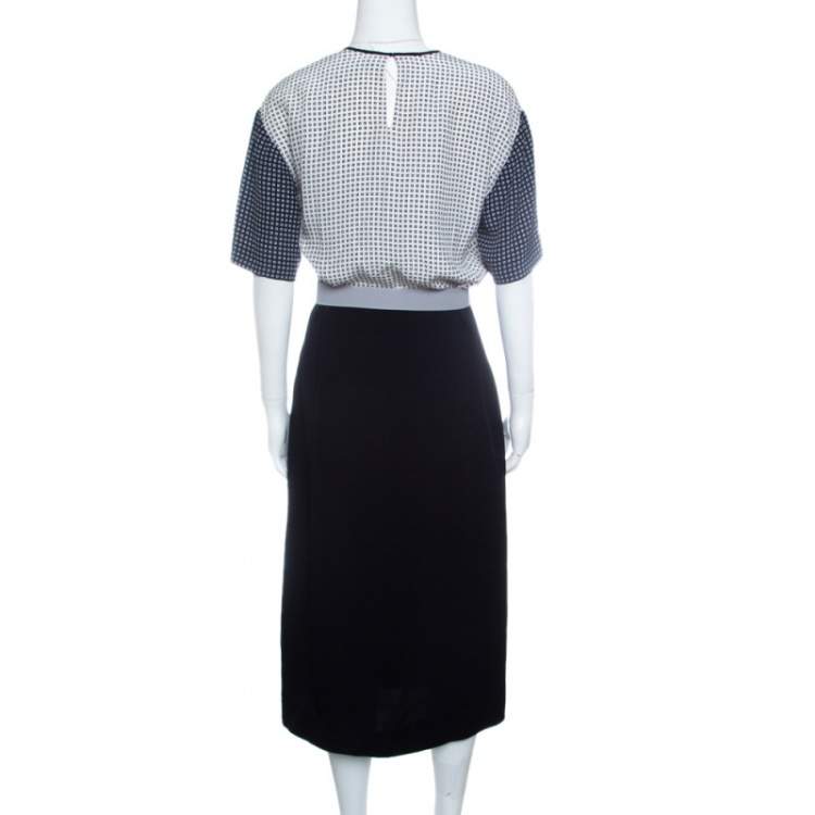 Pre Owned Victoria Victoria Beckham Navy Blue and White Printed Bodice Belted Dress M
