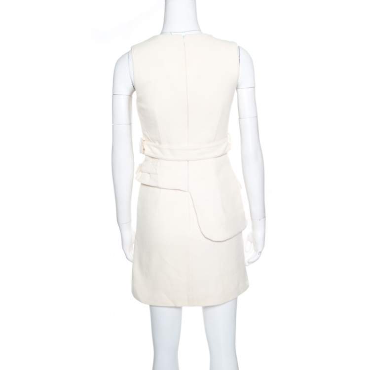 Pre Owned Victoria Victoria Beckham Cream Wool V-Neck Belted Sleeveless Dress S