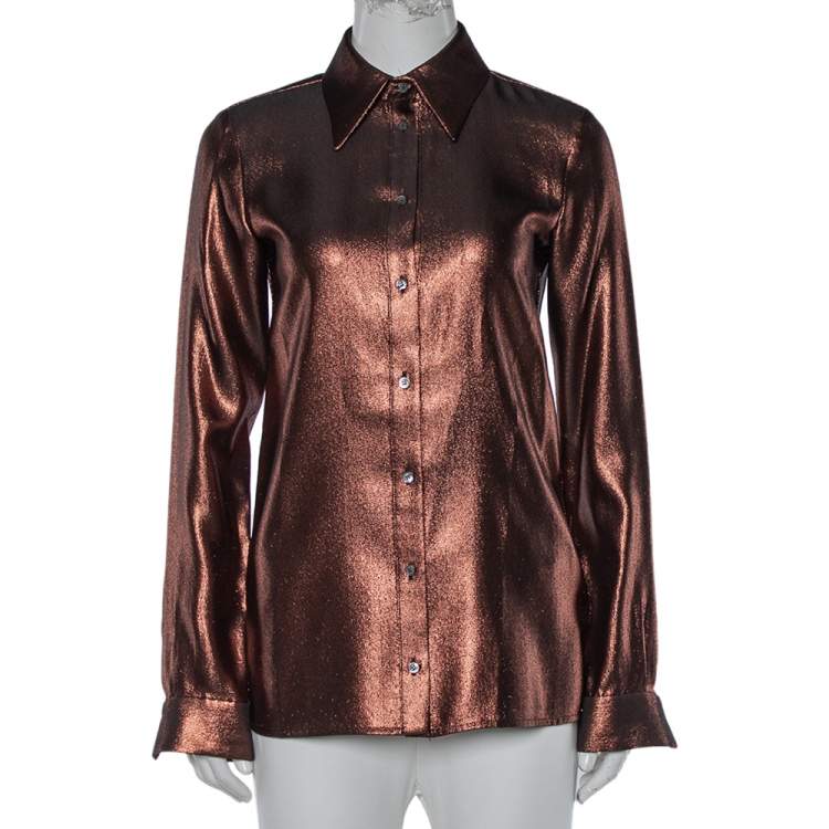 Pre Owned Victoria Victoria Beckham Brown Lamé Long Sleeve Shirt XS
